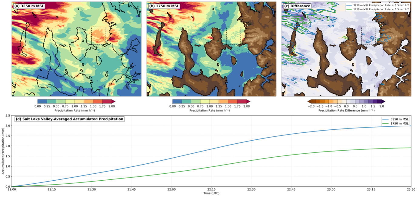 Time-averaged precipitation rate at 3250 m and 1750 m MSL, difference plot, and time series
